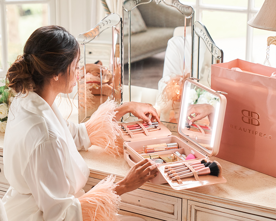 The Beautifect Box in Nude A Portable Makeup Vanity With LED Mirror